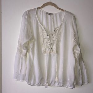 AEO White Lace up Peasant Top with Tassels